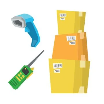 Cardboard boxes, barcode scanner and radio set Stock-Illustration