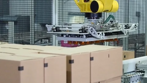 Cardboard boxes being lifted by pneumatic suction machine in warehouse Video stock 102185335
