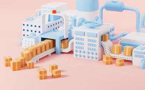 Cardboard boxes on the conveyor and blue assembly line background, 3d renderi イラスト素材