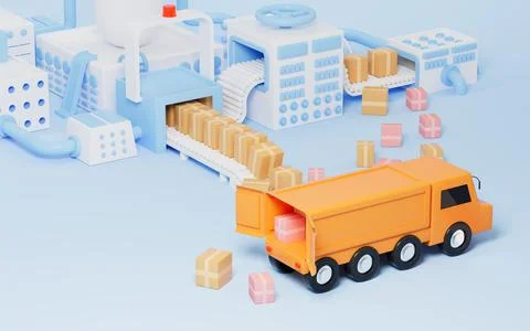 Cardboard boxes on the conveyor and logistics transport vehicle, 3d rendering 스톡 일러스트