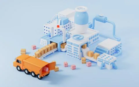 Cardboard boxes on the conveyor and logistics transport vehicle, 3d rendering イラスト素材