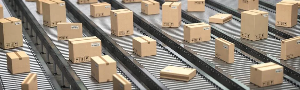 Cardboard boxes on the conveyor belt. Production, storage and delivery concep Ilustração Stock