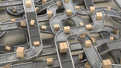 Cardboard boxes on conveyor belts in warehouse. Storage and delivery concept. Stock Footage 211117239