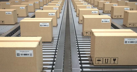 Cardboard boxes on conveyor roller in distribution warehouse, Delivery and pa Stock Footage