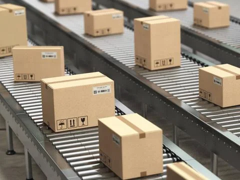 Cardboard boxes on conveyor roller in distribution warehouse, Delivery and... 写真素材