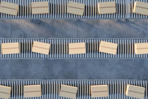 Cardboard boxes on conveyor rollers 3d render Ilustração Stock