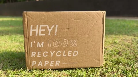 Cardboard boxes crafted from recycled paper rest on the grass, Vidéo 330343167