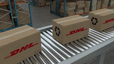 Cardboard boxes with Dhl Logo on conveyor belt line Stock Footage 230041298