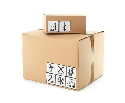 Cardboard boxes with different packaging symbols on white background. Parcel  스톡 사진