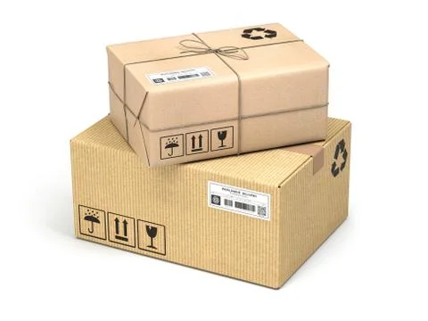 Cardboard boxes of different types and sizes isolated on white background. De Stock Illustration