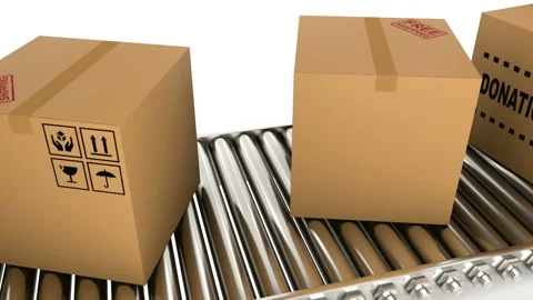 Cardboard boxes with donations moves on a conveyor for delivery Stock Footage 129266106