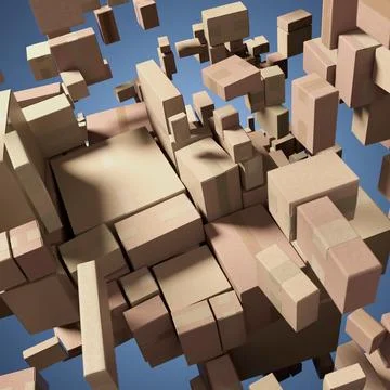Cardboard boxes floating in chaotic 3D space with parcels and packaging イラスト素材