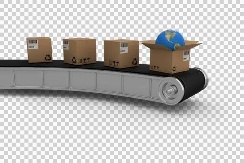 Cardboard boxes with globe on 3D production line Illustration