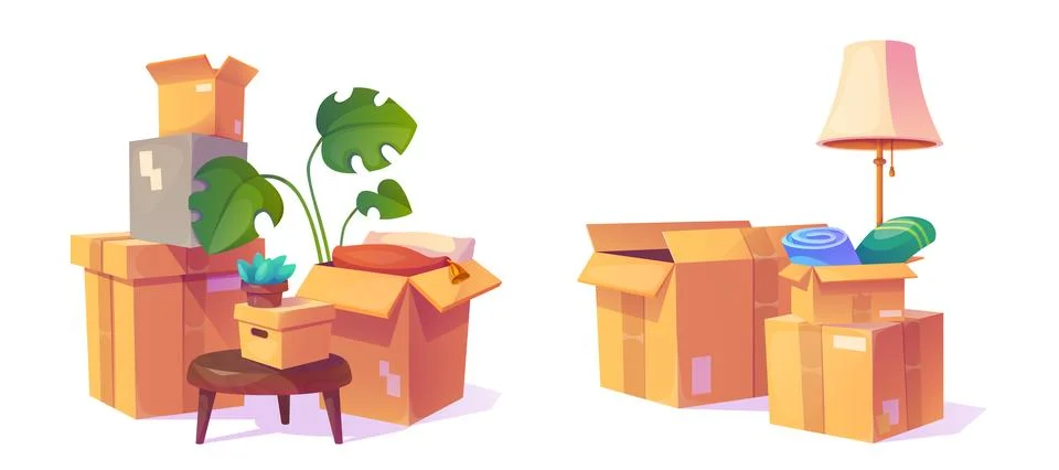 Cardboard boxes with house stuff for relocation Stockillustratie