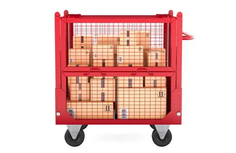 Cardboard boxes inside Collapsible wire mesh pallet with wheels, 3D rendering Ilustração Stock