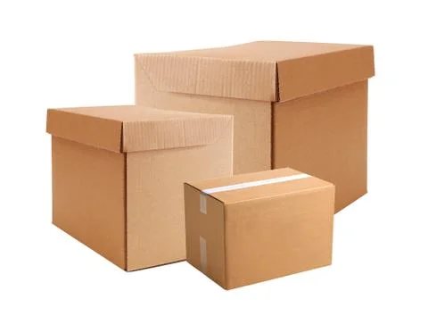 Cardboard boxes isolated on white background Stockfoto's