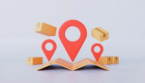 Cardboard boxes with location pointer showing the destination, Online order Stock Illustration