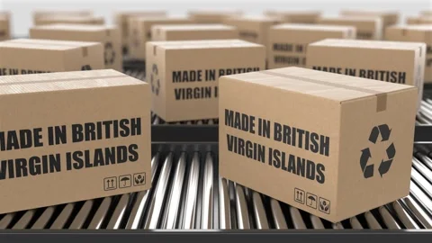 Cardboard boxes with Made in British Virgin Islands text on roller conveyor Video stock 262458108