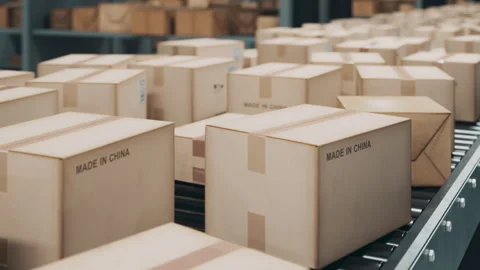 Cardboard boxes Made in China on warehouse conveyor loop Stock Footage 325659173