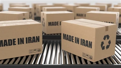 Cardboard boxes with Made in Iran text on roller conveyor Stock Footage 262482520