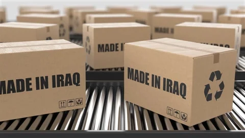 Cardboard boxes with Made in Iraq text on roller conveyor Stock Footage 262482519