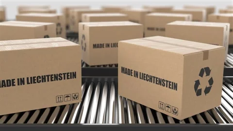 Cardboard boxes with Made in Liechtenstein text on roller conveyor Stock Footage 262482660