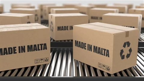 Cardboard boxes with Made in Malta text on roller conveyor Stock Footage 262482731