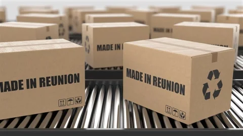 Cardboard boxes with Made in Reunion text on roller conveyor Stock Footage 262639715