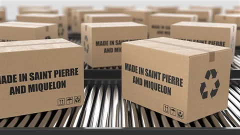 Cardboard boxes with Made in Saint Pierre and Miquelon text on roller conveyor Stock Footage 262639766
