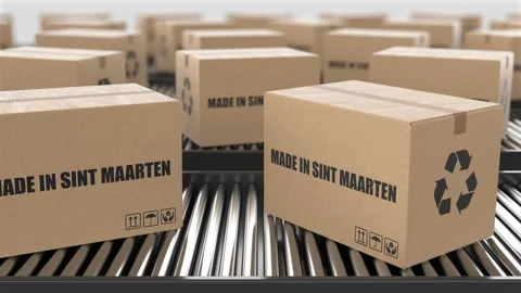 Cardboard boxes with Made in Sint Maarten text on roller conveyor Stock Footage 262640074