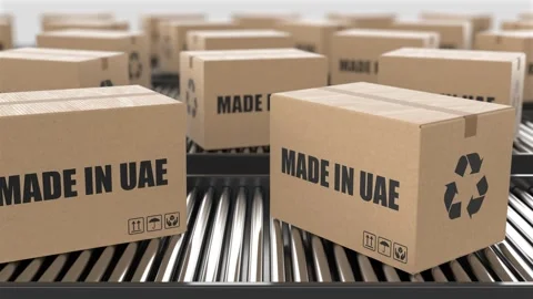 Cardboard boxes with Made in UAE text on roller conveyor Stock Footage 262640620