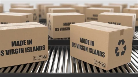 Cardboard boxes with Made in US Virgin Islands text on roller conveyor Stock Footage 262640745