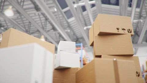Cardboard boxes in middle of the warehouse, logistic center. Huge modern Stock Illustration