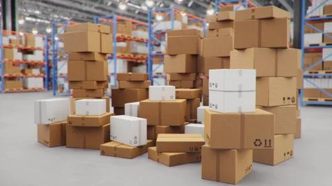 Cardboard boxes in middle of the warehouse, logistic center. Huge modern Stock Illustration