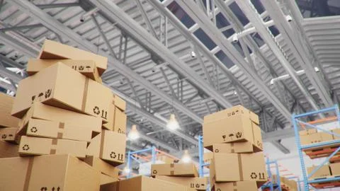 Cardboard boxes in middle of the warehouse, logistic center. Huge modern Stock Illustration