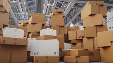 Cardboard boxes in middle of the warehouse, logistic center. Huge modern Stock Illustration