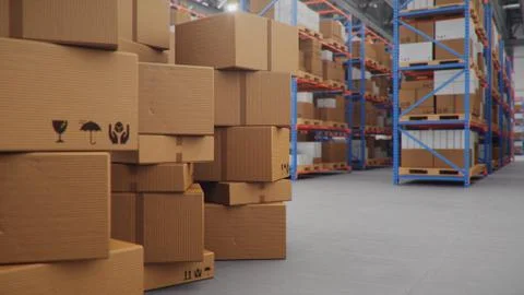 Cardboard boxes in middle of the warehouse, logistic center. Huge modern Stock Illustration