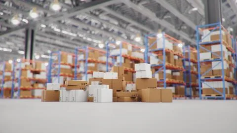 Cardboard boxes in middle of the warehouse, logistic center. Huge modern Stock Illustration