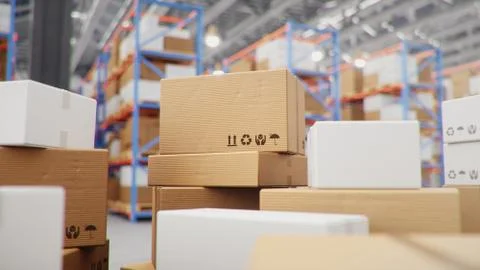 Cardboard boxes in middle of the warehouse, logistic center. Huge modern Stock Illustration