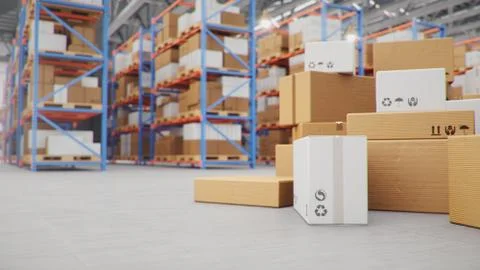 Cardboard boxes in middle of the warehouse, logistic center. Huge modern Stock Illustration