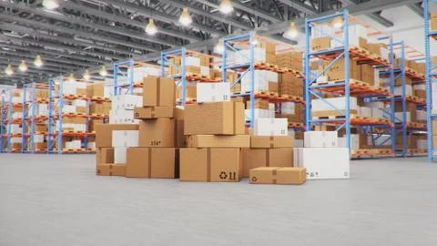 Cardboard boxes in middle of the warehouse, logistic center. Huge modern Stock Illustration