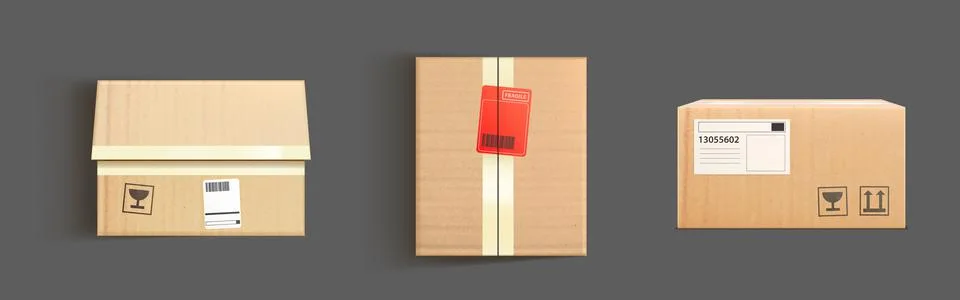 Cardboard boxes mockup, 3d vector cargo and parcel Illustrazione stock