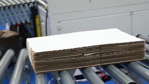 Cardboard boxes move along conveyor belt. Metal rollers transport stacked box Stock Footage 344387270