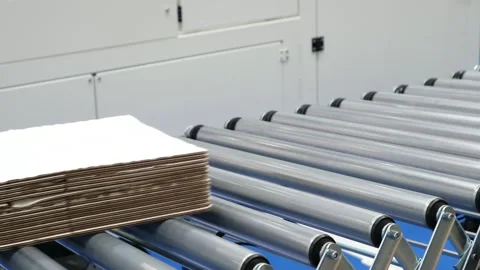 Cardboard boxes move along conveyor belt. Metal rollers transport stacked box Stock Footage 344392386