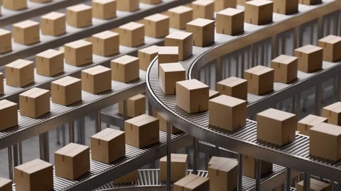 Cardboard boxes moving on automated conveyor belts Stock Footage 320647123