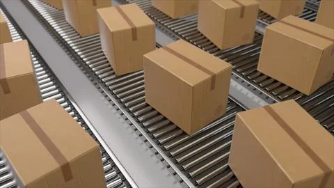 Cardboard boxes moving on automated warehouse conveyor system Stock Illustration