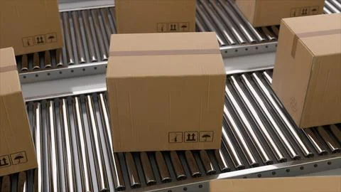 Cardboard boxes moving on automatic conveyor belt system Stock Illustration