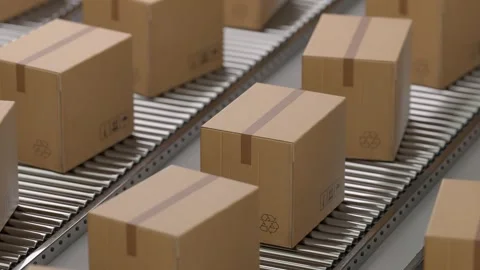 Cardboard boxes moving on a conveyor belt in a warehouse Stock Footage 320647093