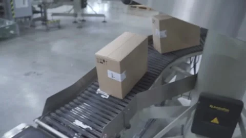 Cardboard Boxes Moving on Conveyor Belt in Distribution Warehouse 库存影片 334563223