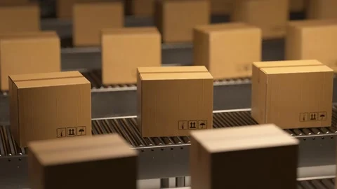 Cardboard boxes moving on multiple conveyor belts Stock Footage 320647114
